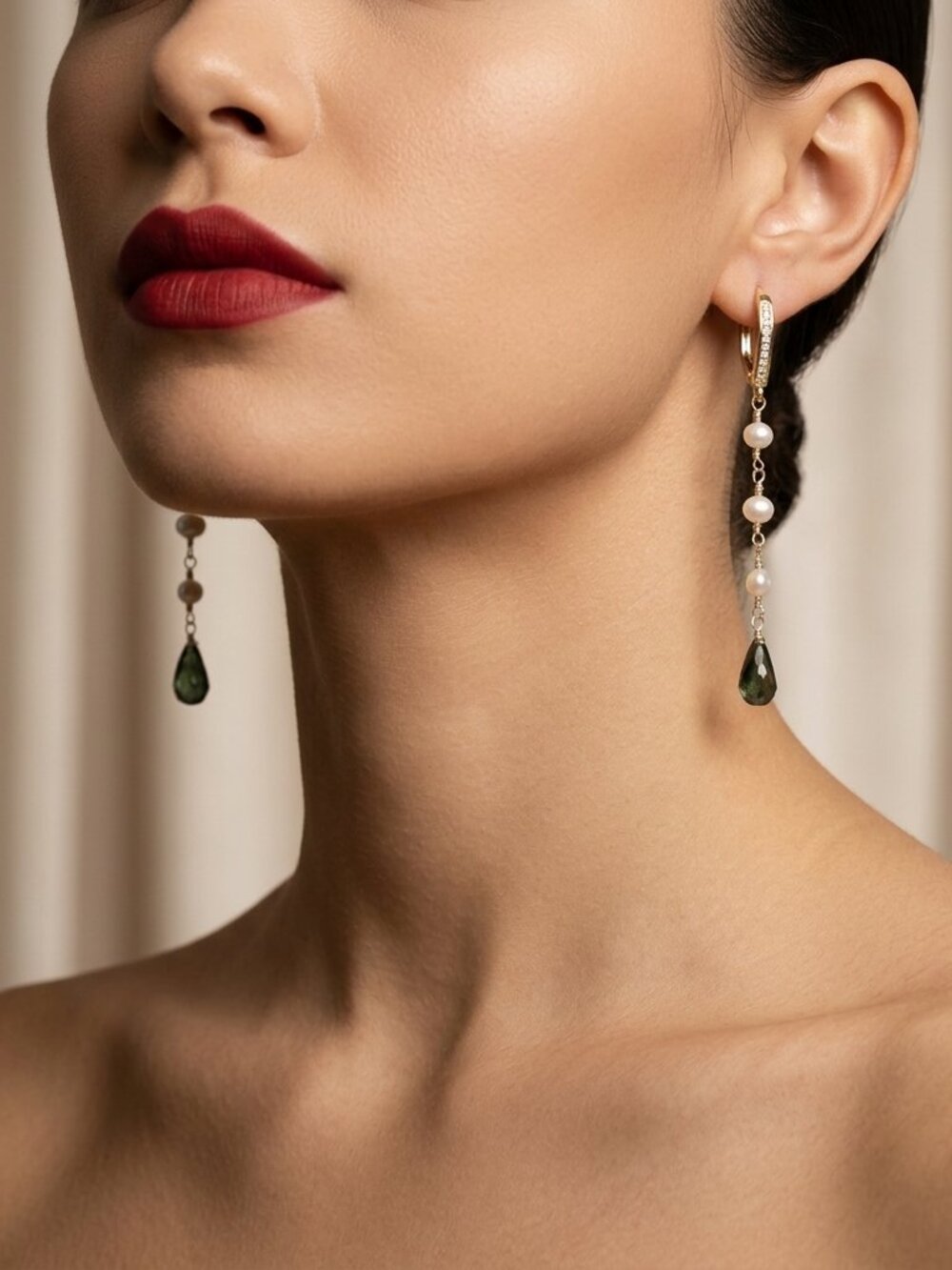 Green Tourmaline & Pearl Dangle Earrings, 14k Gold Filled